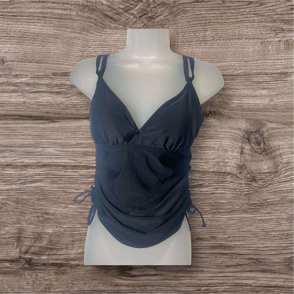 Athleta Black Double Strap Ruched Side Drawstring Tankini Top Size 32B/30C